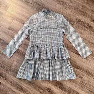 Lost Ink Metallic Blue Gingham Long Sleeve Dress New
